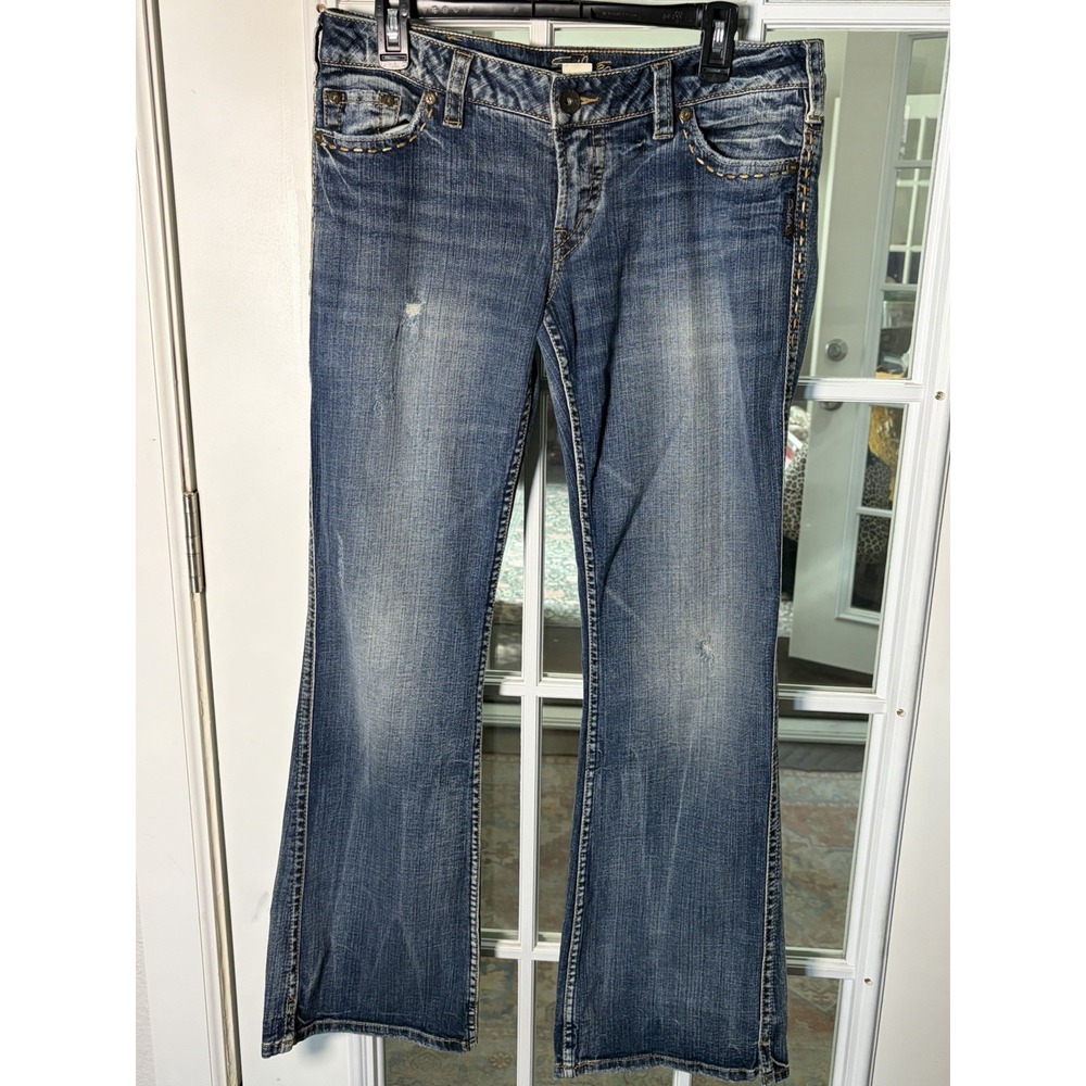 Silver Jeans Frances 32x33 Low Rise Bootcut Distressed Western Stitch Denim